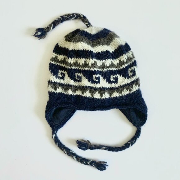 Nepal Wool Knit Winter Hat Toque Ear Flap Navy White Cottage Grandma Fisherman - Picture 2 of 15